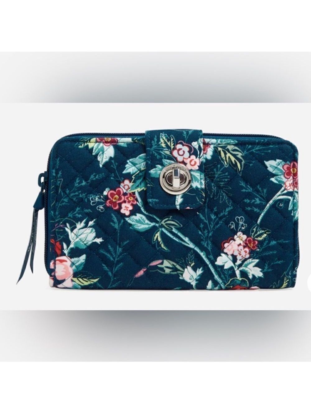 Vera Bradley RFID Turnlock Wallet Dark Blue Floral Rose Toile Cotton